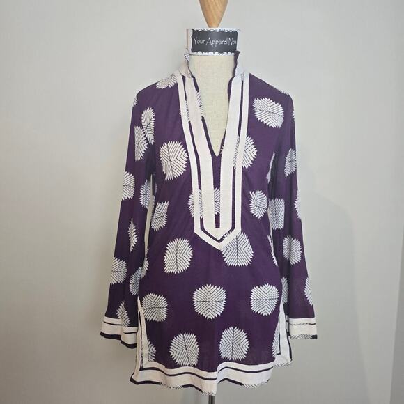 Tory Burch Tops - TORY BURCH Purple & White Long Sleeve V-Neck Tunic Sz 2 (721)